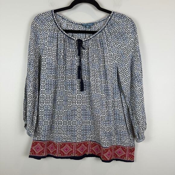 Anthropologie Fleur Bleue Top Women Small Multicolor Printed Blouse Boho Artsy - Picture 1 of 8